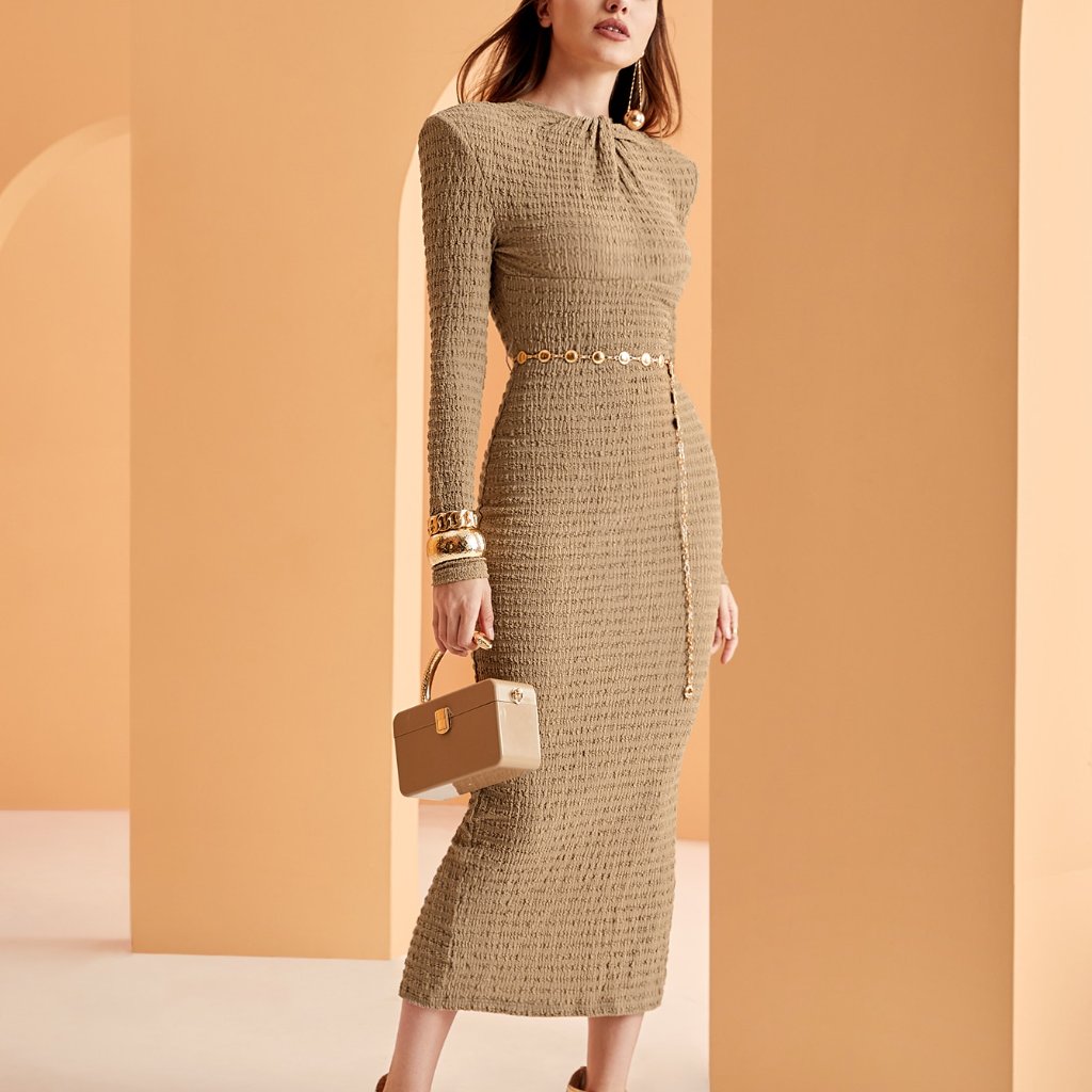 New Textured Mock Neck Twist Front Bodycon Dress Without Belt